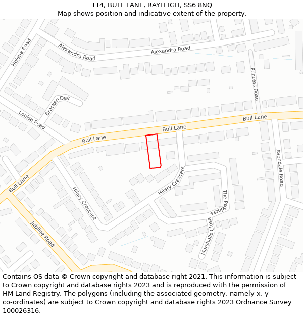 114, BULL LANE, RAYLEIGH, SS6 8NQ: Location map and indicative extent of plot