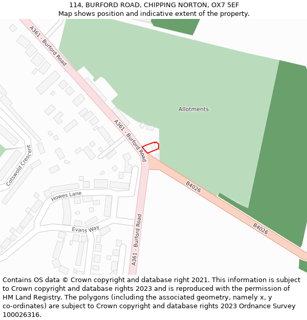 114, BURFORD ROAD, CHIPPING NORTON, OX7 5EF: Location map and indicative extent of plot