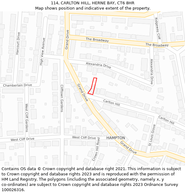 114, CARLTON HILL, HERNE BAY, CT6 8HR: Location map and indicative extent of plot