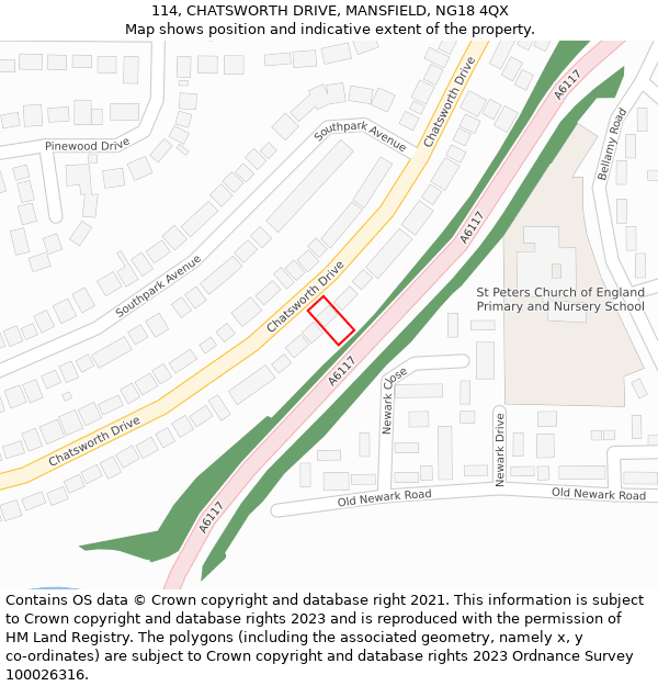 114, CHATSWORTH DRIVE, MANSFIELD, NG18 4QX: Location map and indicative extent of plot