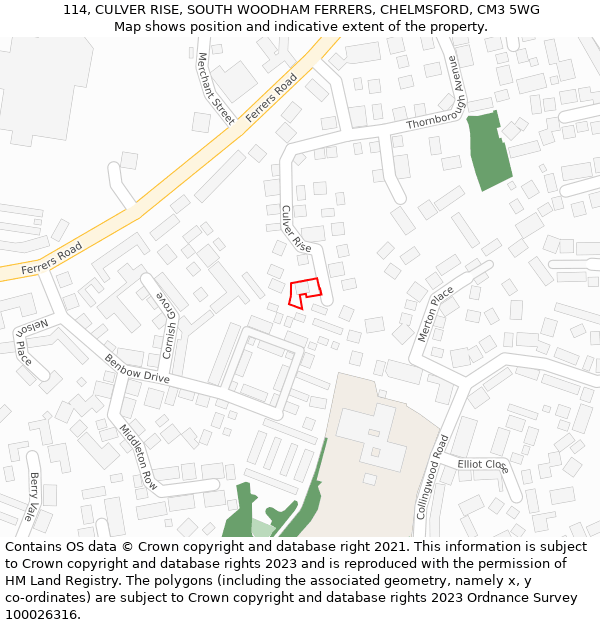 114, CULVER RISE, SOUTH WOODHAM FERRERS, CHELMSFORD, CM3 5WG: Location map and indicative extent of plot