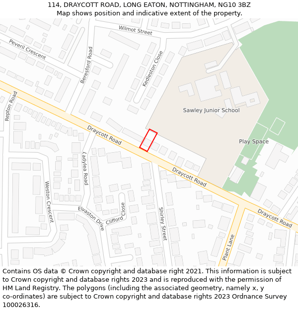 114, DRAYCOTT ROAD, LONG EATON, NOTTINGHAM, NG10 3BZ: Location map and indicative extent of plot