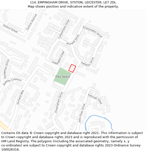 114, EMPINGHAM DRIVE, SYSTON, LEICESTER, LE7 2DL: Location map and indicative extent of plot
