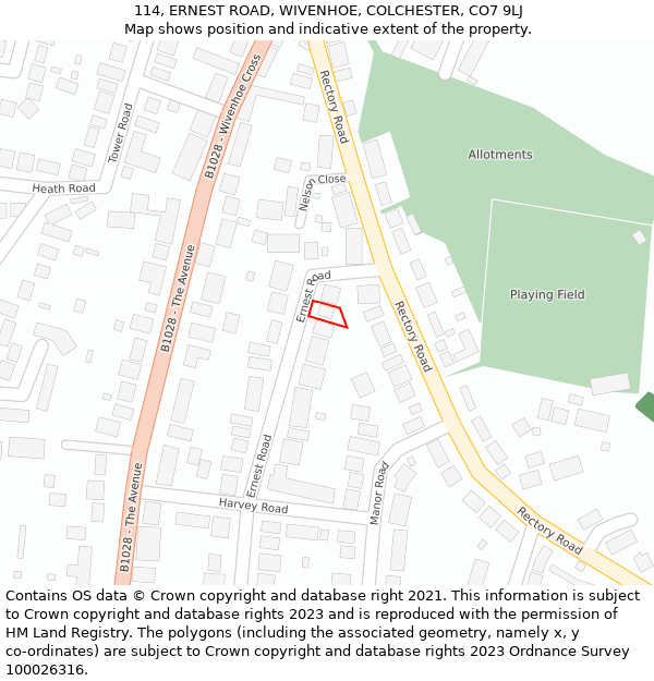 114, ERNEST ROAD, WIVENHOE, COLCHESTER, CO7 9LJ: Location map and indicative extent of plot