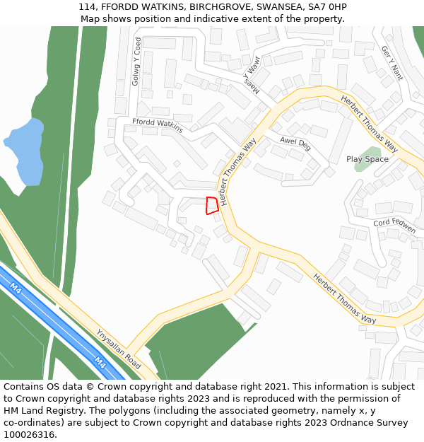 114, FFORDD WATKINS, BIRCHGROVE, SWANSEA, SA7 0HP: Location map and indicative extent of plot