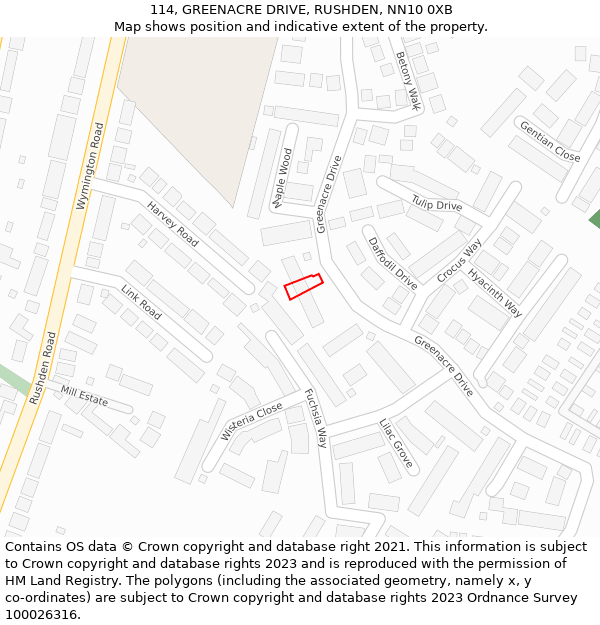 114, GREENACRE DRIVE, RUSHDEN, NN10 0XB: Location map and indicative extent of plot