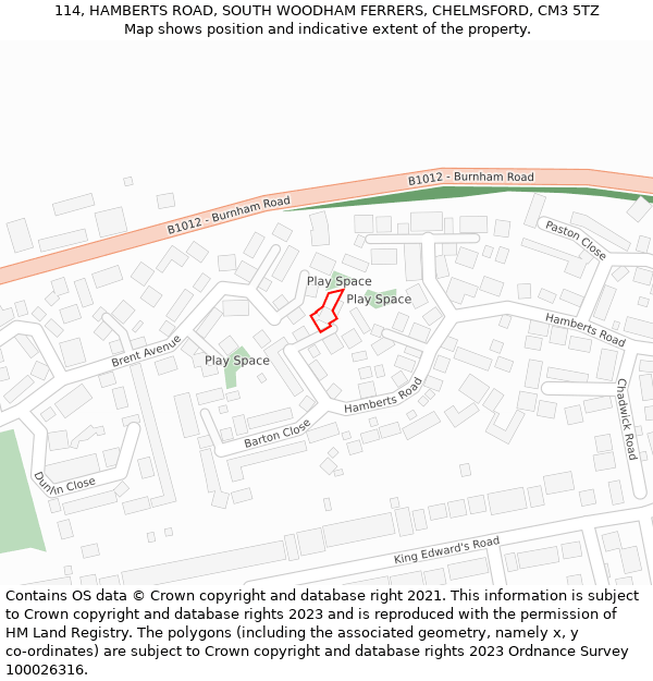 114, HAMBERTS ROAD, SOUTH WOODHAM FERRERS, CHELMSFORD, CM3 5TZ: Location map and indicative extent of plot