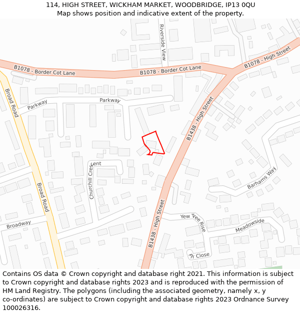 114, HIGH STREET, WICKHAM MARKET, WOODBRIDGE, IP13 0QU: Location map and indicative extent of plot