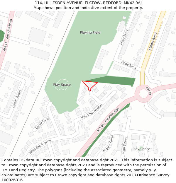 114, HILLESDEN AVENUE, ELSTOW, BEDFORD, MK42 9AJ: Location map and indicative extent of plot