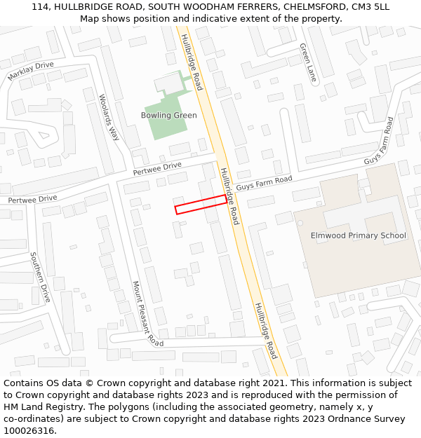 114, HULLBRIDGE ROAD, SOUTH WOODHAM FERRERS, CHELMSFORD, CM3 5LL: Location map and indicative extent of plot