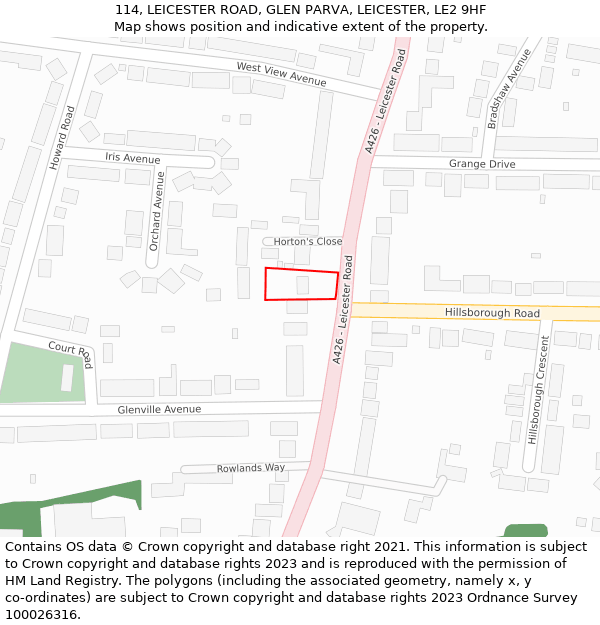114, LEICESTER ROAD, GLEN PARVA, LEICESTER, LE2 9HF: Location map and indicative extent of plot