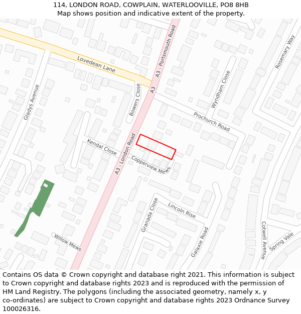 114, LONDON ROAD, COWPLAIN, WATERLOOVILLE, PO8 8HB: Location map and indicative extent of plot