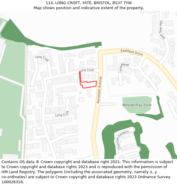 114, LONG CROFT, YATE, BRISTOL, BS37 7YW: Location map and indicative extent of plot