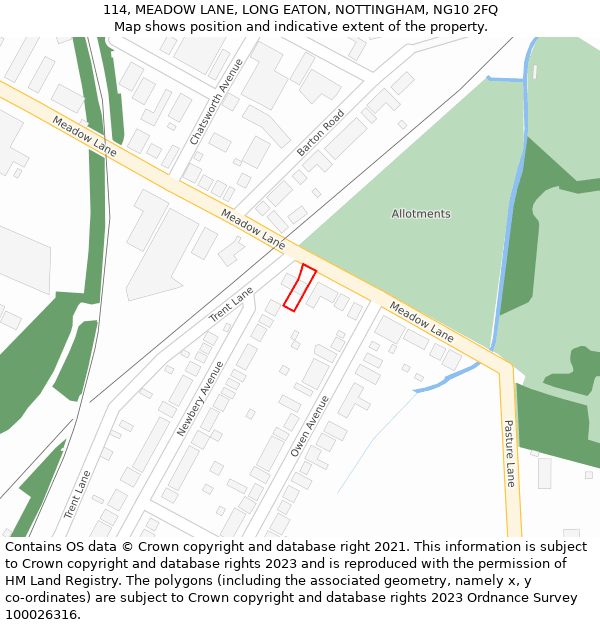 114, MEADOW LANE, LONG EATON, NOTTINGHAM, NG10 2FQ: Location map and indicative extent of plot