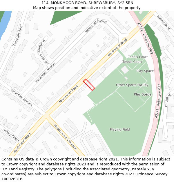114, MONKMOOR ROAD, SHREWSBURY, SY2 5BN: Location map and indicative extent of plot