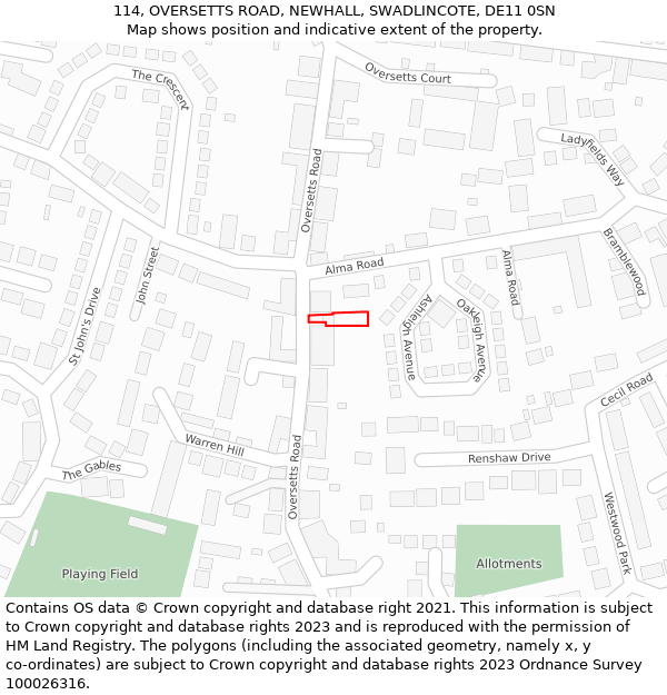 114, OVERSETTS ROAD, NEWHALL, SWADLINCOTE, DE11 0SN: Location map and indicative extent of plot