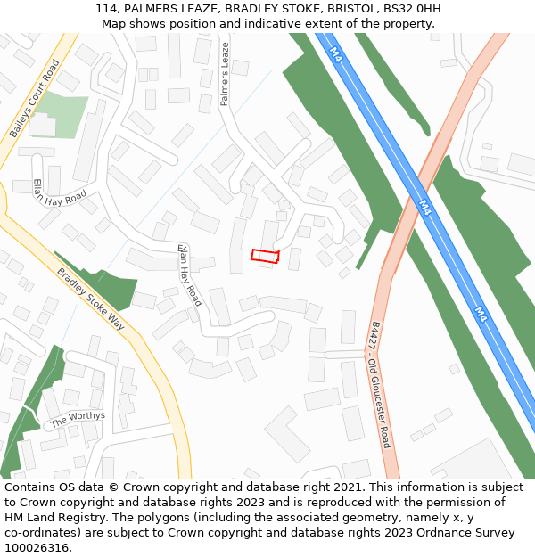 114, PALMERS LEAZE, BRADLEY STOKE, BRISTOL, BS32 0HH: Location map and indicative extent of plot