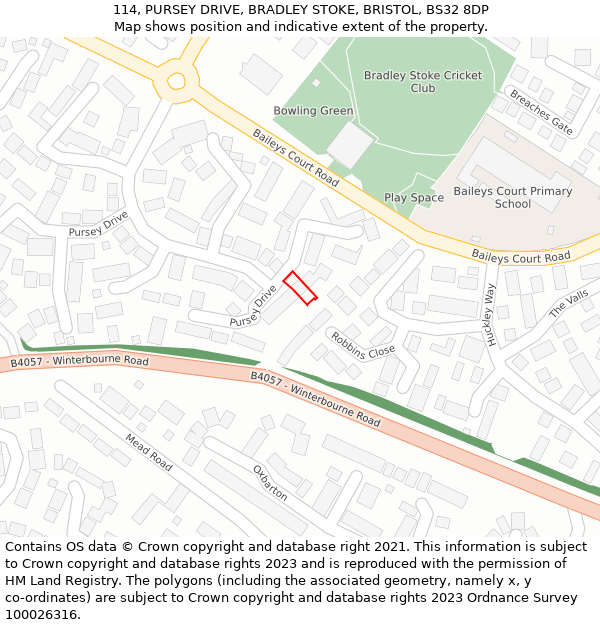 114, PURSEY DRIVE, BRADLEY STOKE, BRISTOL, BS32 8DP: Location map and indicative extent of plot