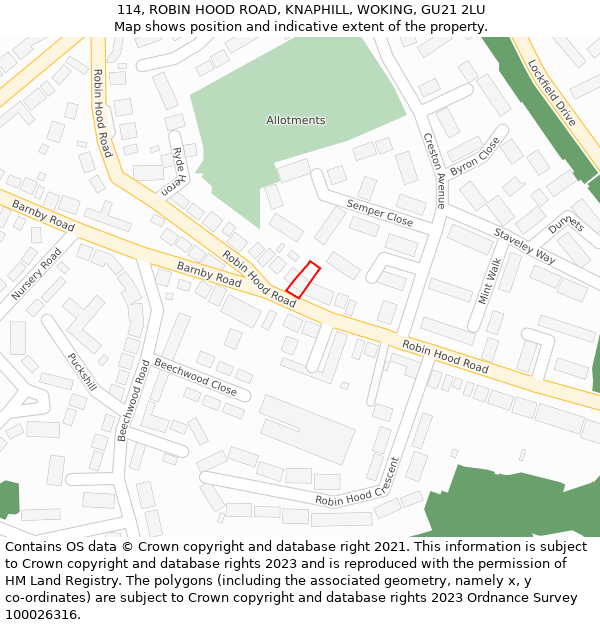 114, ROBIN HOOD ROAD, KNAPHILL, WOKING, GU21 2LU: Location map and indicative extent of plot