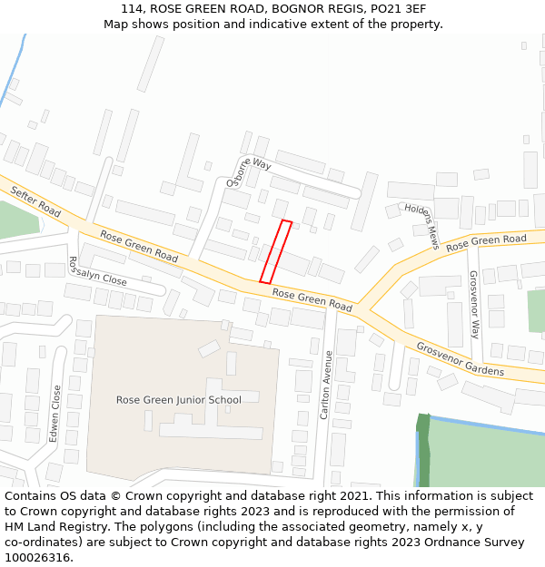 114, ROSE GREEN ROAD, BOGNOR REGIS, PO21 3EF: Location map and indicative extent of plot