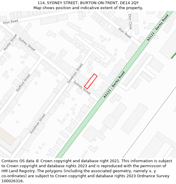 114, SYDNEY STREET, BURTON-ON-TRENT, DE14 2QY: Location map and indicative extent of plot