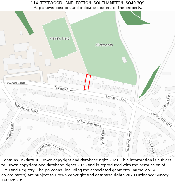 114, TESTWOOD LANE, TOTTON, SOUTHAMPTON, SO40 3QS: Location map and indicative extent of plot