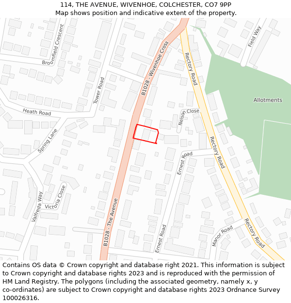 114, THE AVENUE, WIVENHOE, COLCHESTER, CO7 9PP: Location map and indicative extent of plot