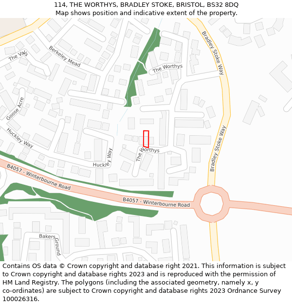 114, THE WORTHYS, BRADLEY STOKE, BRISTOL, BS32 8DQ: Location map and indicative extent of plot