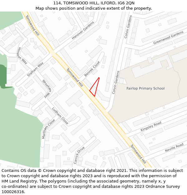 114, TOMSWOOD HILL, ILFORD, IG6 2QN: Location map and indicative extent of plot