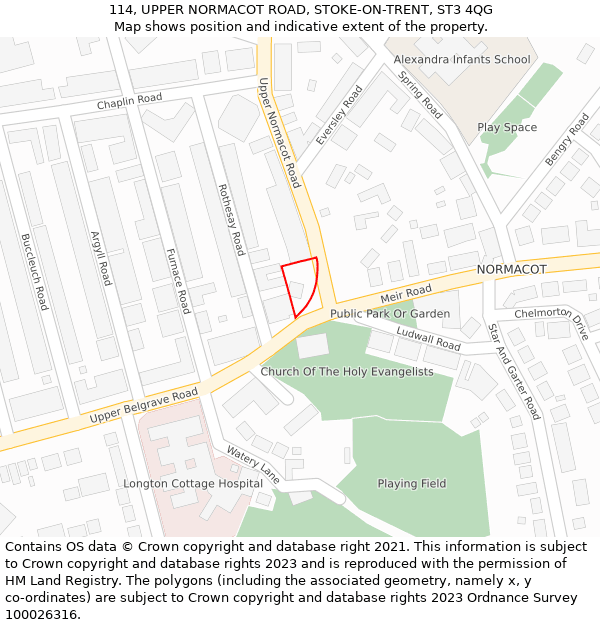 114, UPPER NORMACOT ROAD, STOKE-ON-TRENT, ST3 4QG: Location map and indicative extent of plot