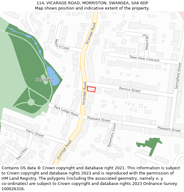 114, VICARAGE ROAD, MORRISTON, SWANSEA, SA6 6DP: Location map and indicative extent of plot