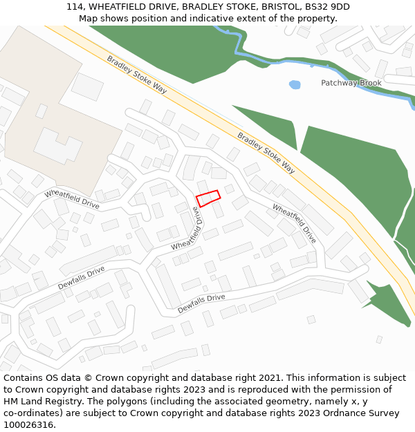 114, WHEATFIELD DRIVE, BRADLEY STOKE, BRISTOL, BS32 9DD: Location map and indicative extent of plot