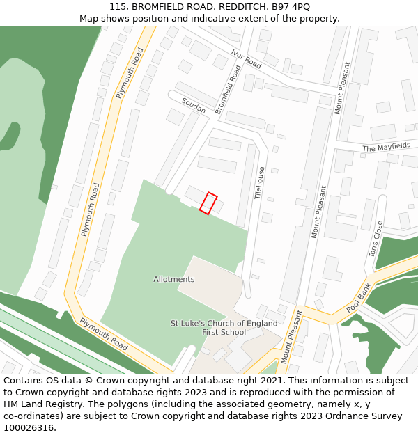 115, BROMFIELD ROAD, REDDITCH, B97 4PQ: Location map and indicative extent of plot