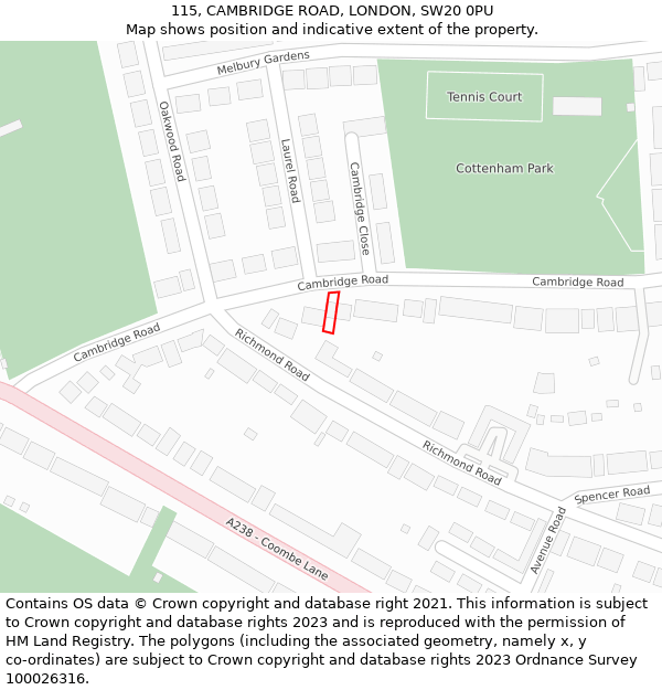 115, CAMBRIDGE ROAD, LONDON, SW20 0PU: Location map and indicative extent of plot