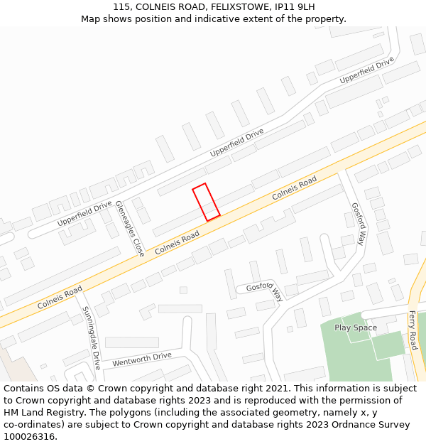115, COLNEIS ROAD, FELIXSTOWE, IP11 9LH: Location map and indicative extent of plot