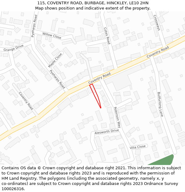 115, COVENTRY ROAD, BURBAGE, HINCKLEY, LE10 2HN: Location map and indicative extent of plot