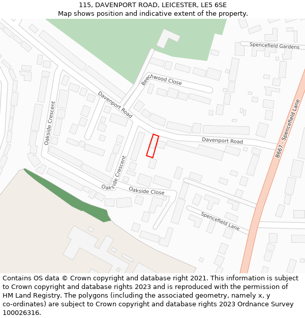 115, DAVENPORT ROAD, LEICESTER, LE5 6SE: Location map and indicative extent of plot