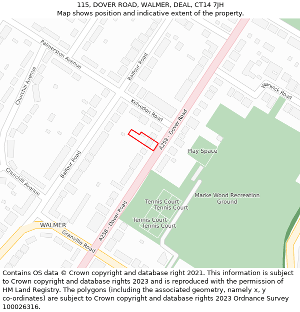 115, DOVER ROAD, WALMER, DEAL, CT14 7JH: Location map and indicative extent of plot