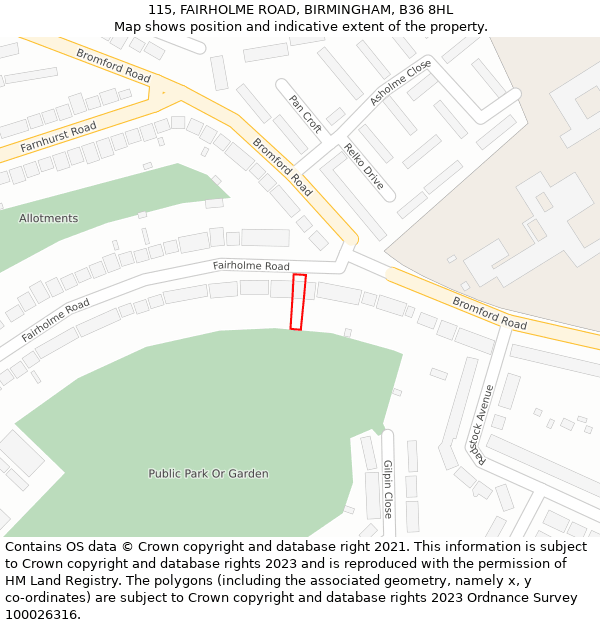 115, FAIRHOLME ROAD, BIRMINGHAM, B36 8HL: Location map and indicative extent of plot