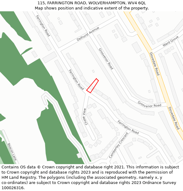 115, FARRINGTON ROAD, WOLVERHAMPTON, WV4 6QL: Location map and indicative extent of plot