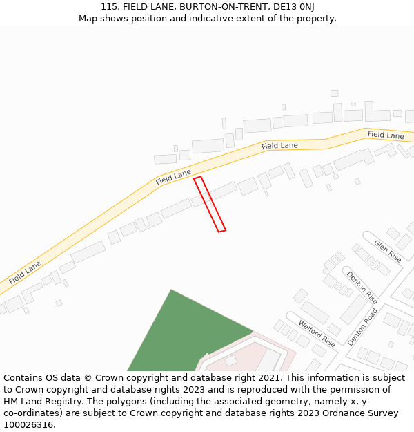 115, FIELD LANE, BURTON-ON-TRENT, DE13 0NJ: Location map and indicative extent of plot