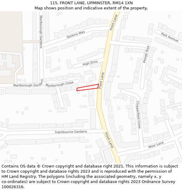 115, FRONT LANE, UPMINSTER, RM14 1XN: Location map and indicative extent of plot