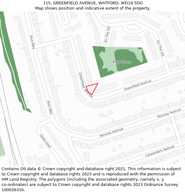 115, GREENFIELD AVENUE, WATFORD, WD19 5DG: Location map and indicative extent of plot