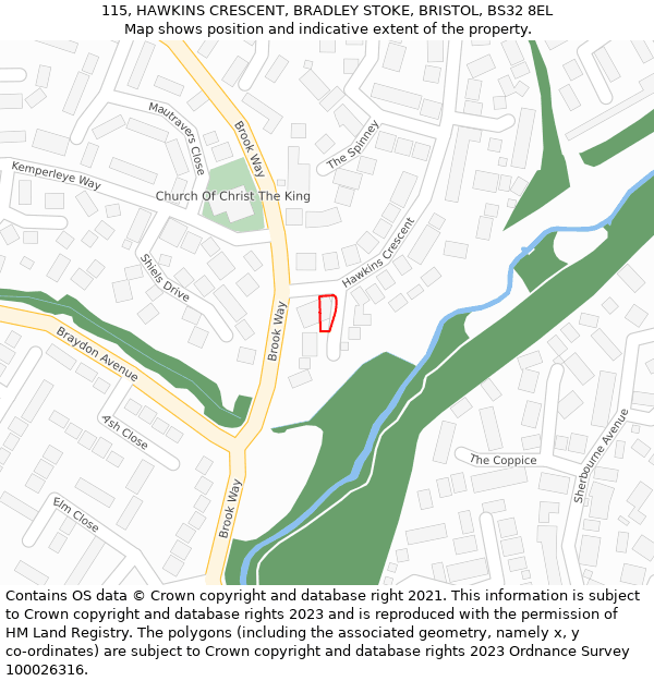 115, HAWKINS CRESCENT, BRADLEY STOKE, BRISTOL, BS32 8EL: Location map and indicative extent of plot