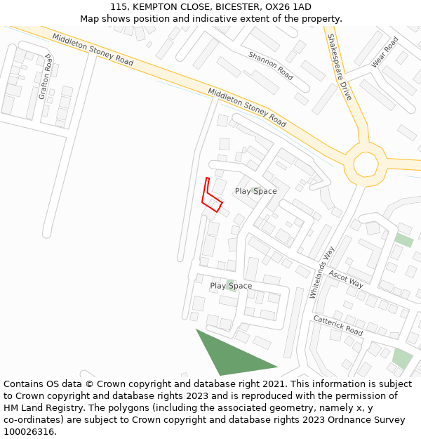 115, KEMPTON CLOSE, BICESTER, OX26 1AD: Location map and indicative extent of plot