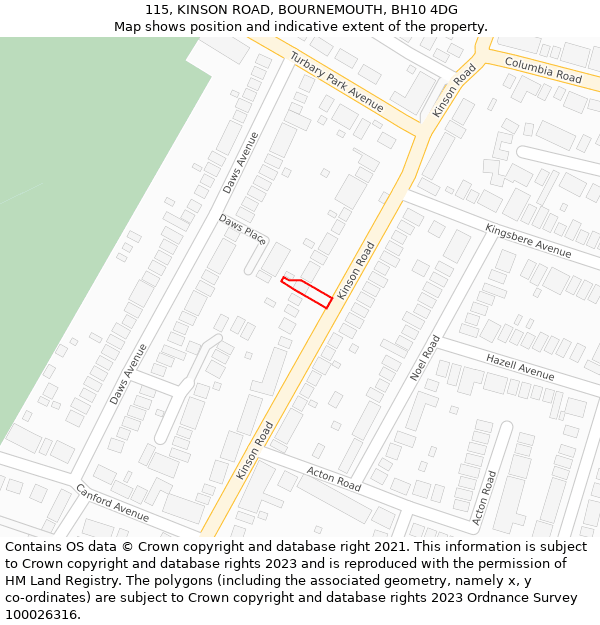 115, KINSON ROAD, BOURNEMOUTH, BH10 4DG: Location map and indicative extent of plot