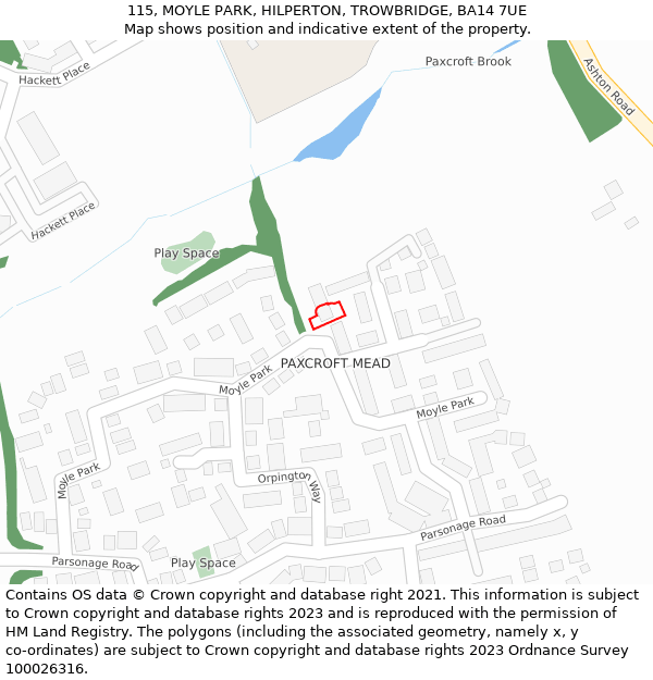 115, MOYLE PARK, HILPERTON, TROWBRIDGE, BA14 7UE: Location map and indicative extent of plot