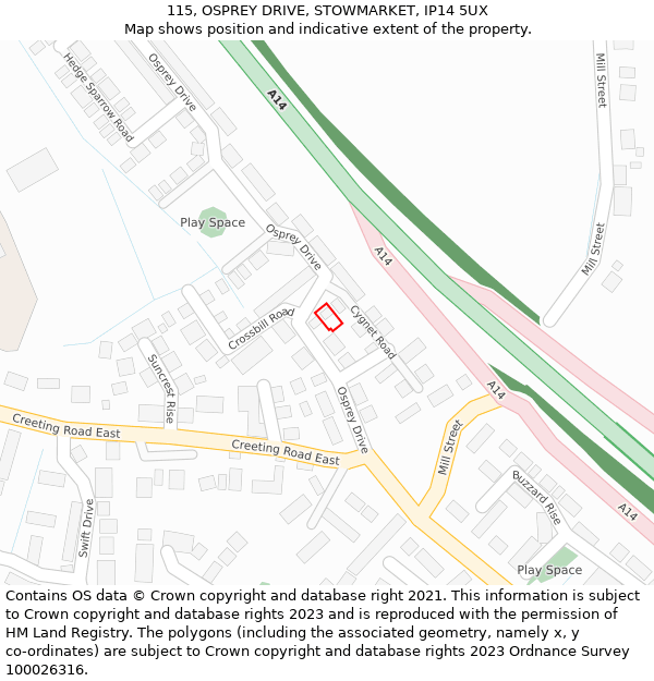 115, OSPREY DRIVE, STOWMARKET, IP14 5UX: Location map and indicative extent of plot