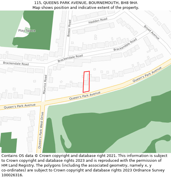 115, QUEENS PARK AVENUE, BOURNEMOUTH, BH8 9HA: Location map and indicative extent of plot