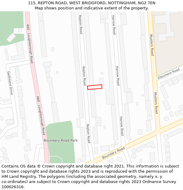 115, REPTON ROAD, WEST BRIDGFORD, NOTTINGHAM, NG2 7EN: Location map and indicative extent of plot